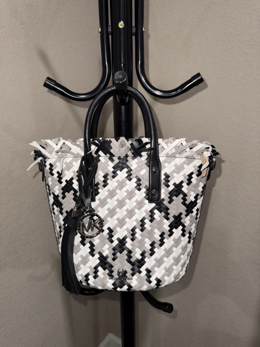 Michael Kors Black and White Woven Tote with MK Charm